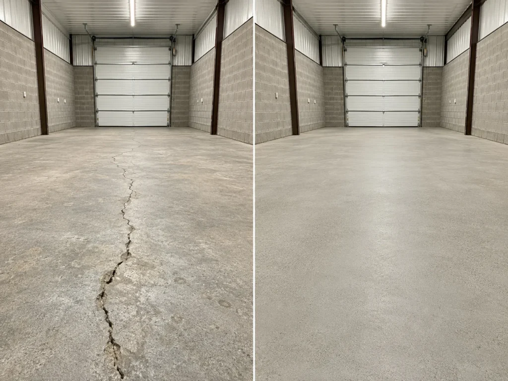 Eastern Iowa shop floor before and after professional crack preparation and coating