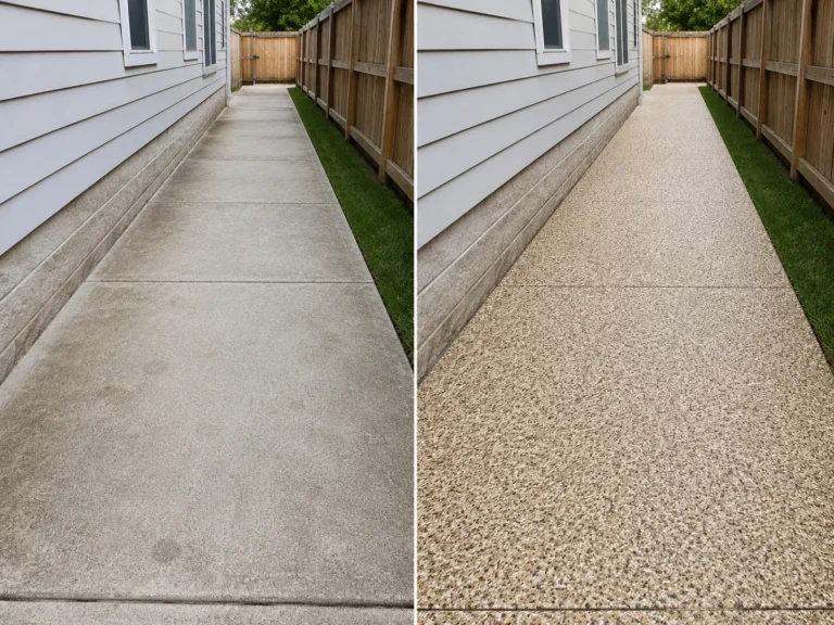 Defined exterior concrete with a tan beige cream and brown decorative flake coating in Eastern Iowa