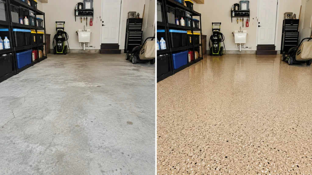 Tan Flake Garage Floor Before And After Epoxy Coating for garage floor coating projects across Eastern Iowa