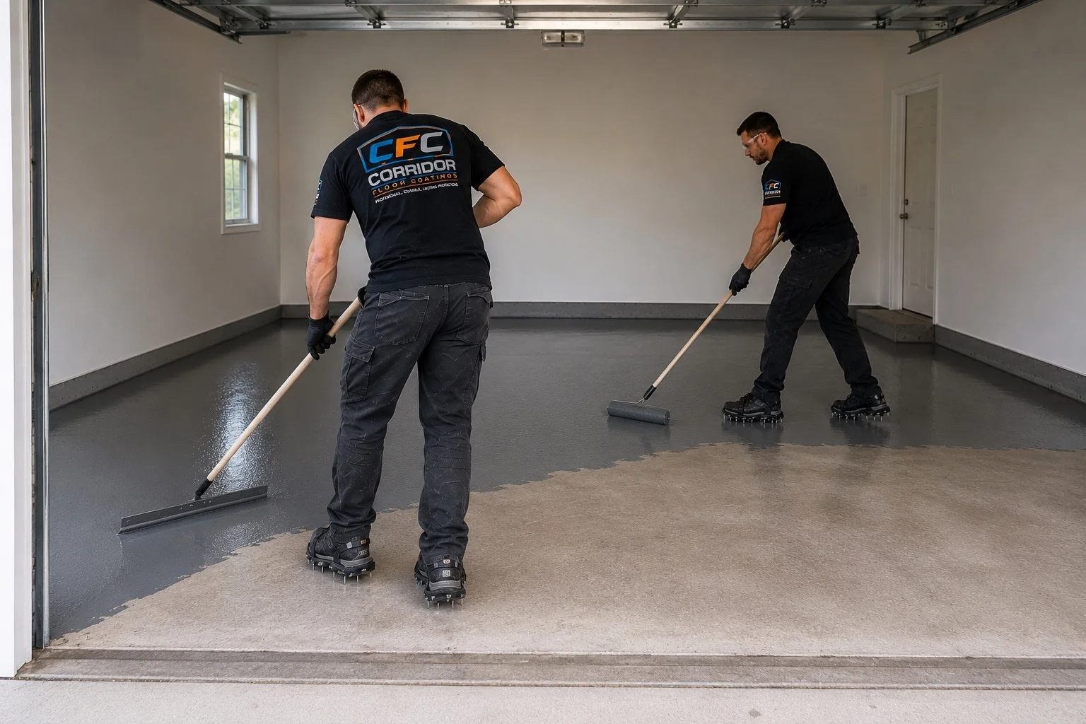 Corridor Floor Coatings crew applying a compatible floor coating system in Eastern Iowa