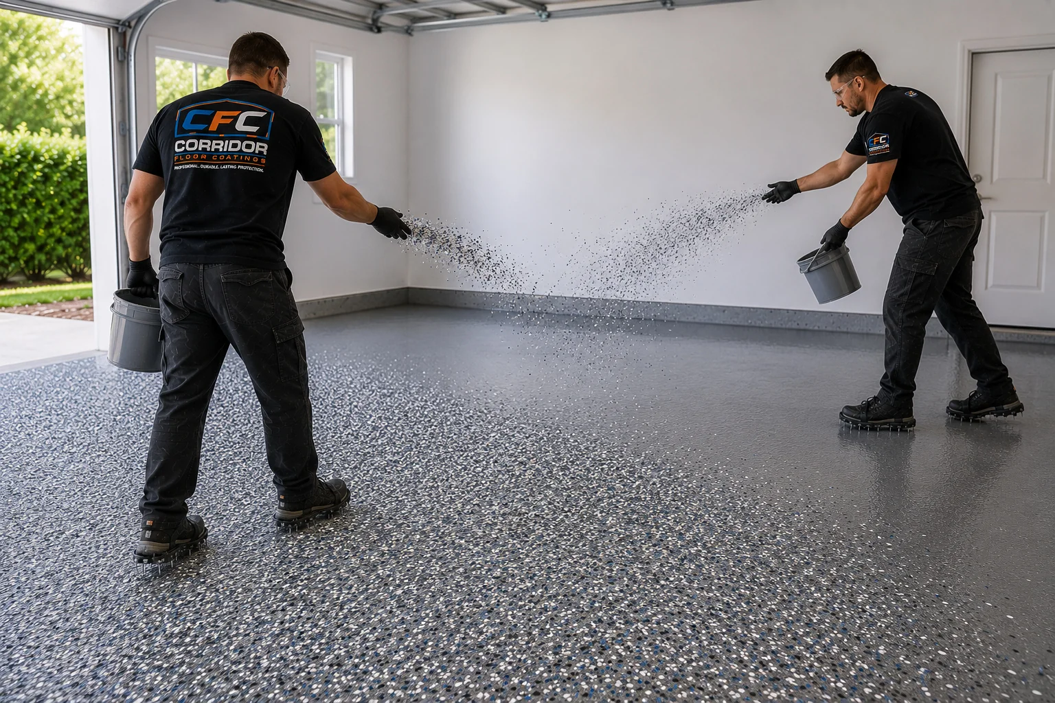 Corridor Floor Coatings crew installing a decorative finish over professionally prepared concrete in Eastern Iowa