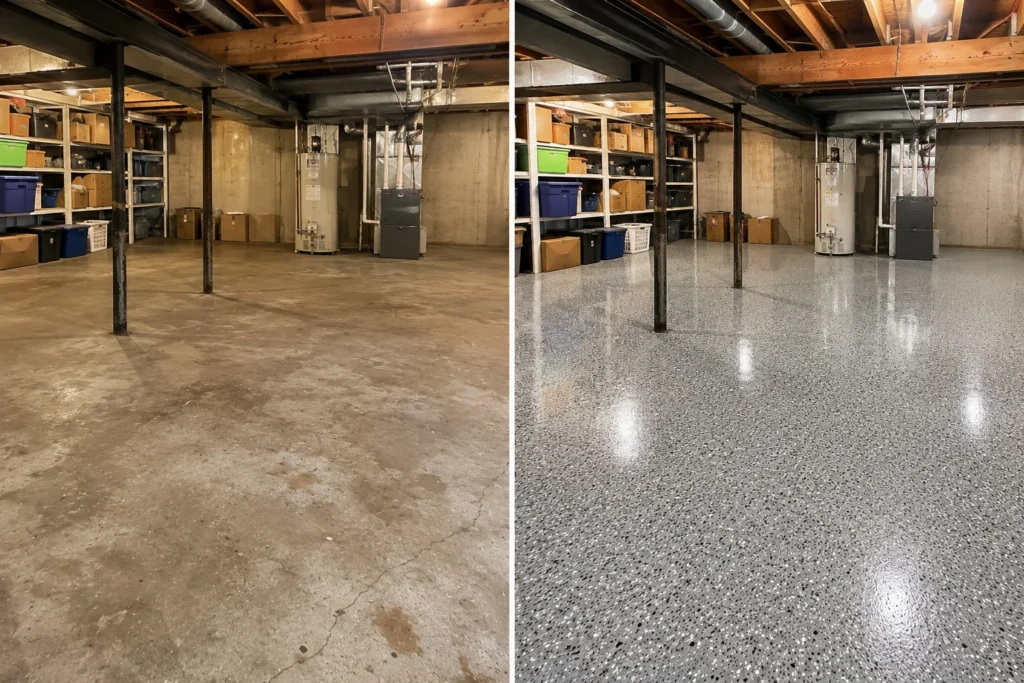 Unfinished basement concrete floor shown before and after installation of a glossy gray flake epoxy coating in Eastern Iowa.