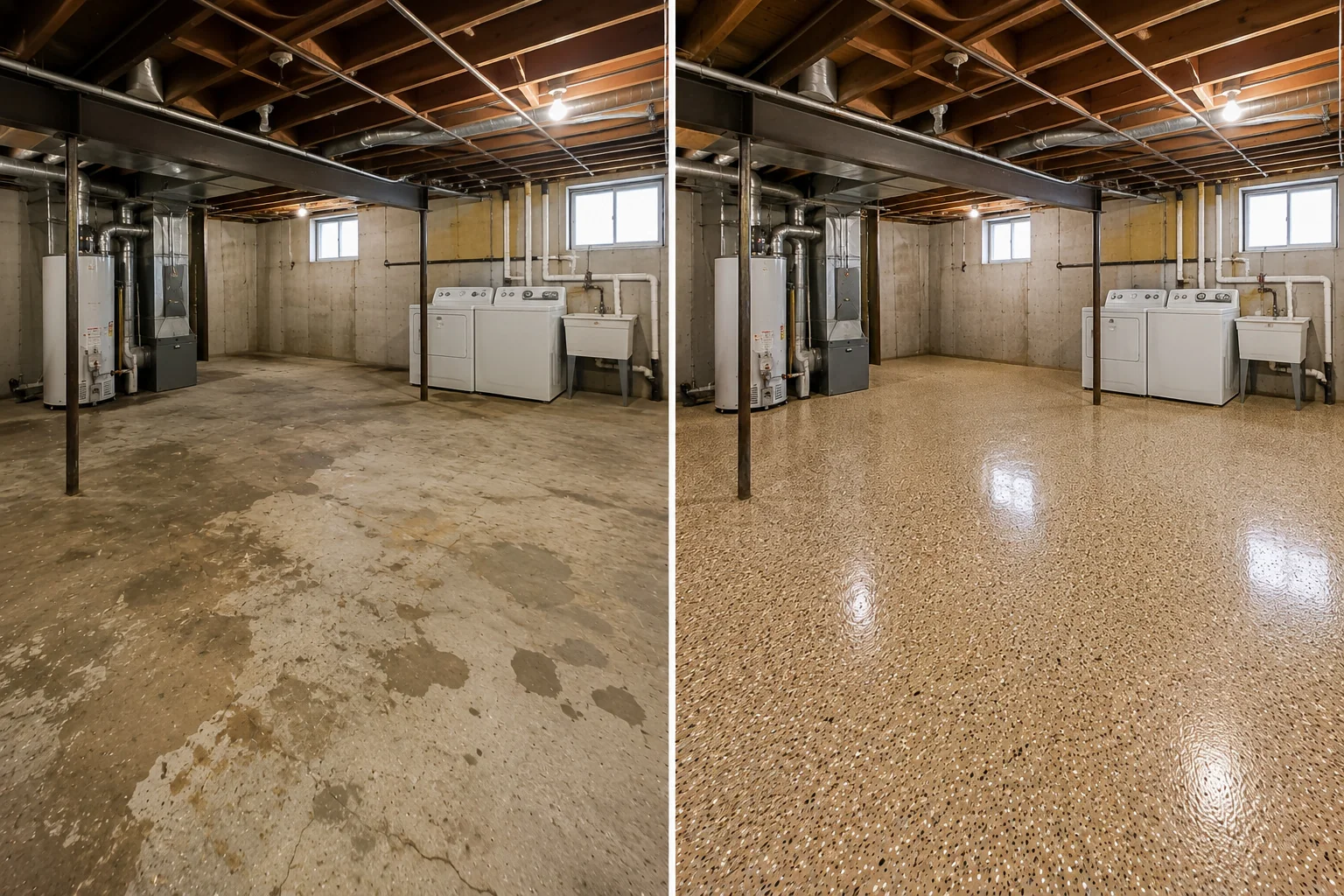 Eastern Iowa rental utility and basement floor before and after a warm tan decorative flake coating