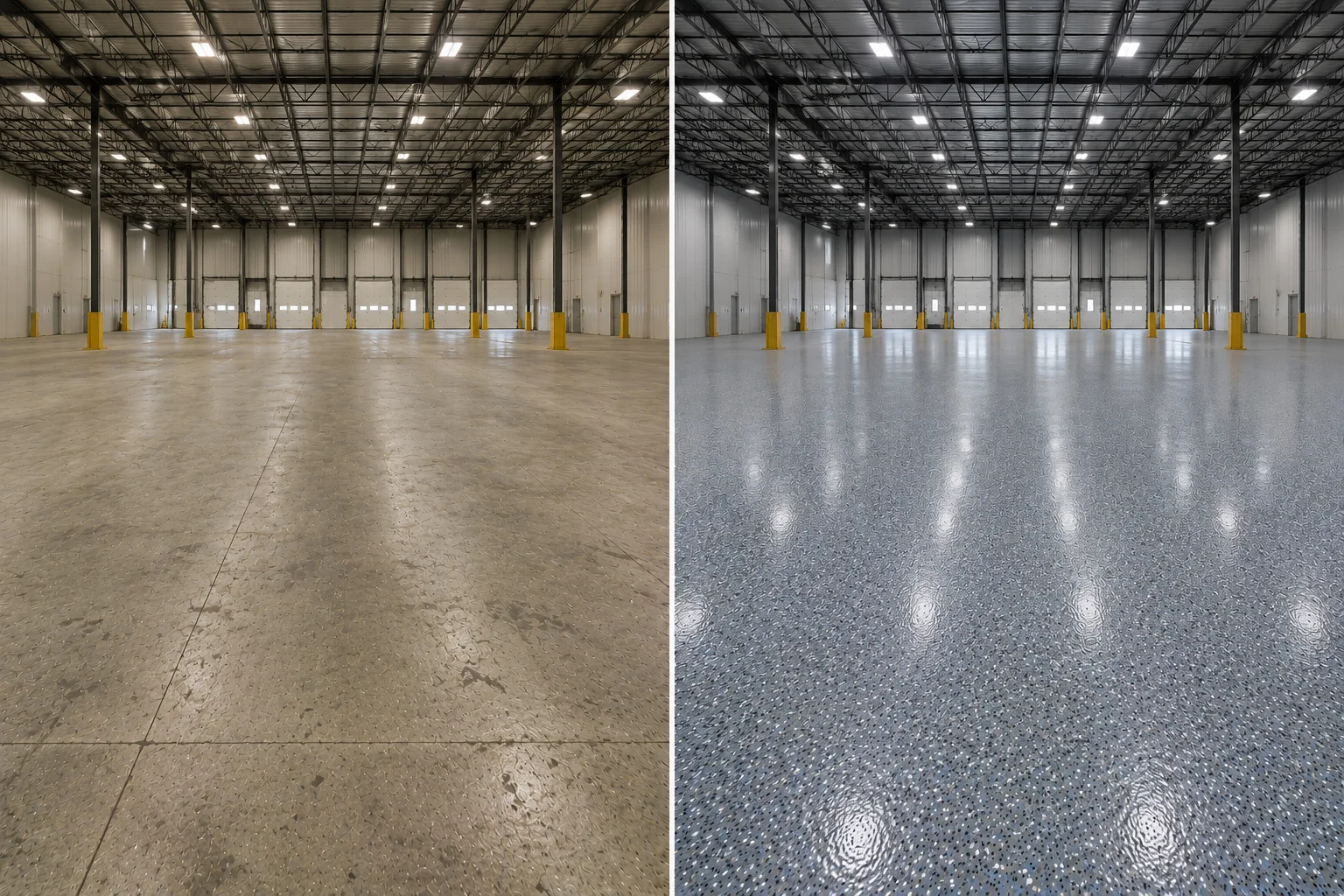 Eastern Iowa warehouse concrete transformed with a blue gray decorative flake floor coating
