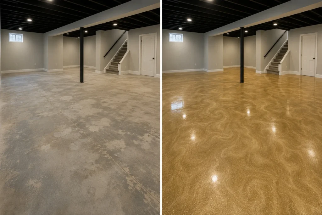 Gold Pearl Metallic Basement Floor Coating Before and After in Eldridge, Iowa