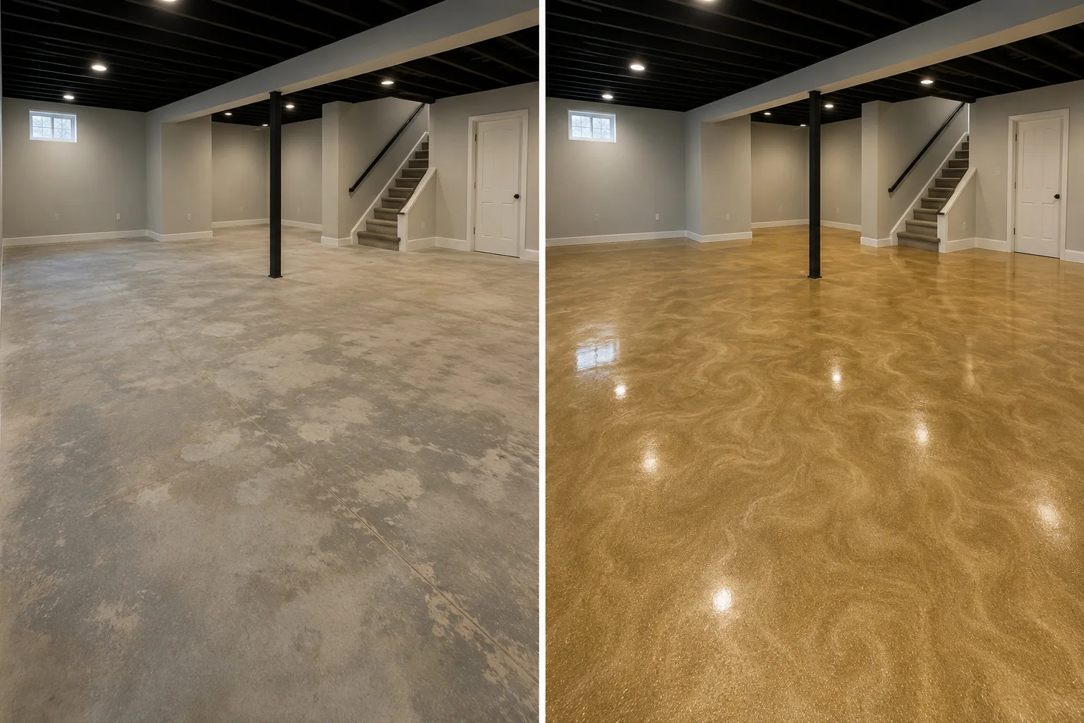 Gold pearl metallic basement floor coating before and after in Eldridge Iowa