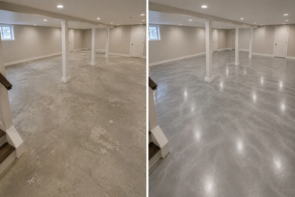 Silver Metallic Basement Floor Coating Before and After in Elk Run Heights, Iowa