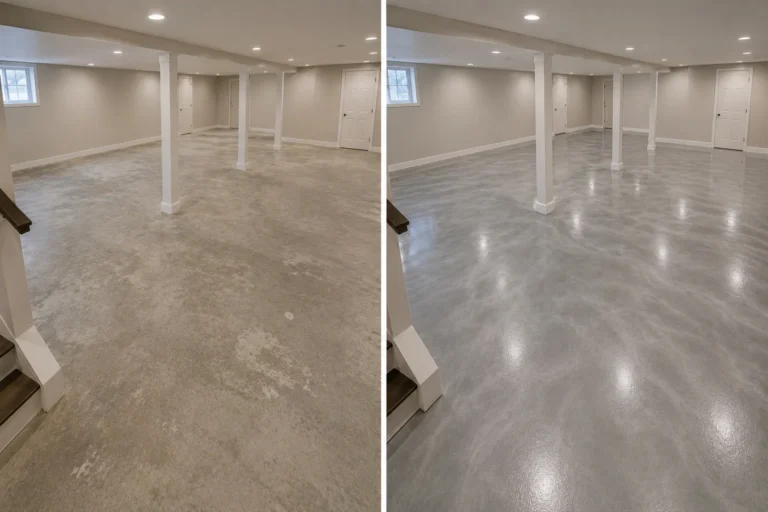 Silver Metallic Basement Floor Coating Before and After in Elk Run Heights, Iowa