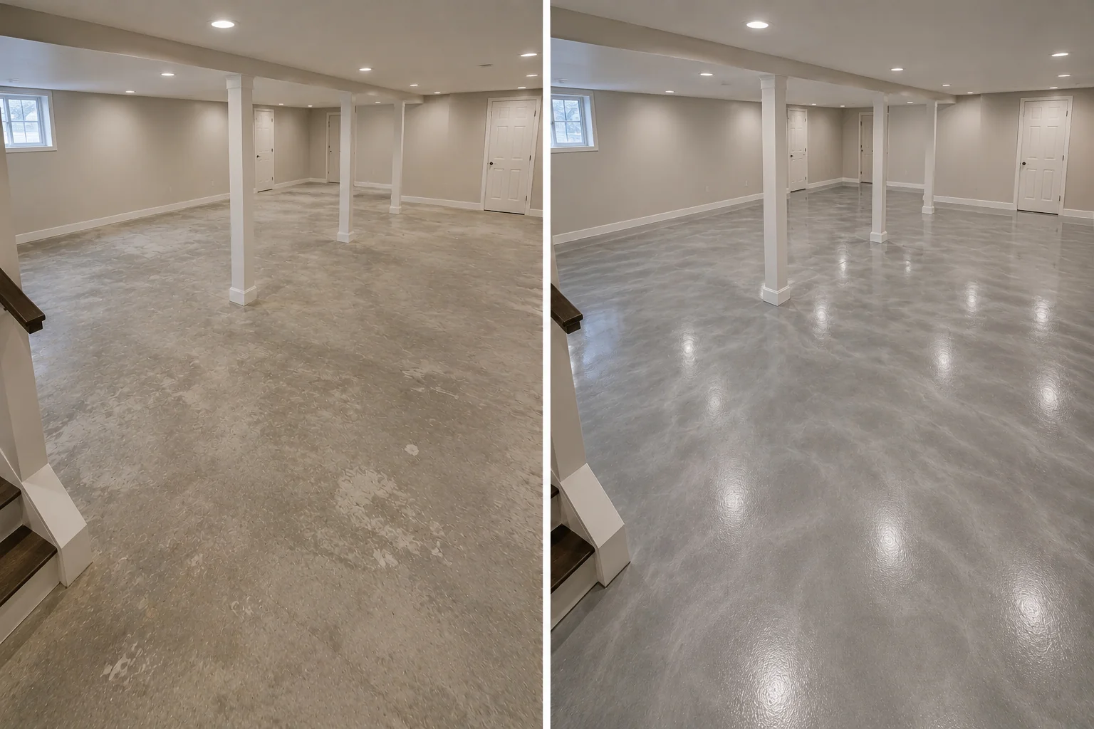Silver metallic basement floor coating before and after in Elk Run Heights Iowa