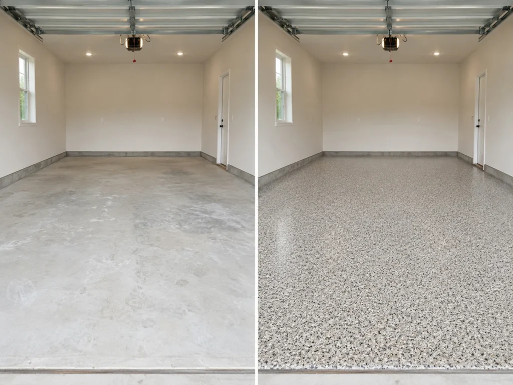 White light gray beige and charcoal decorative flake floor coating in Ely Iowa