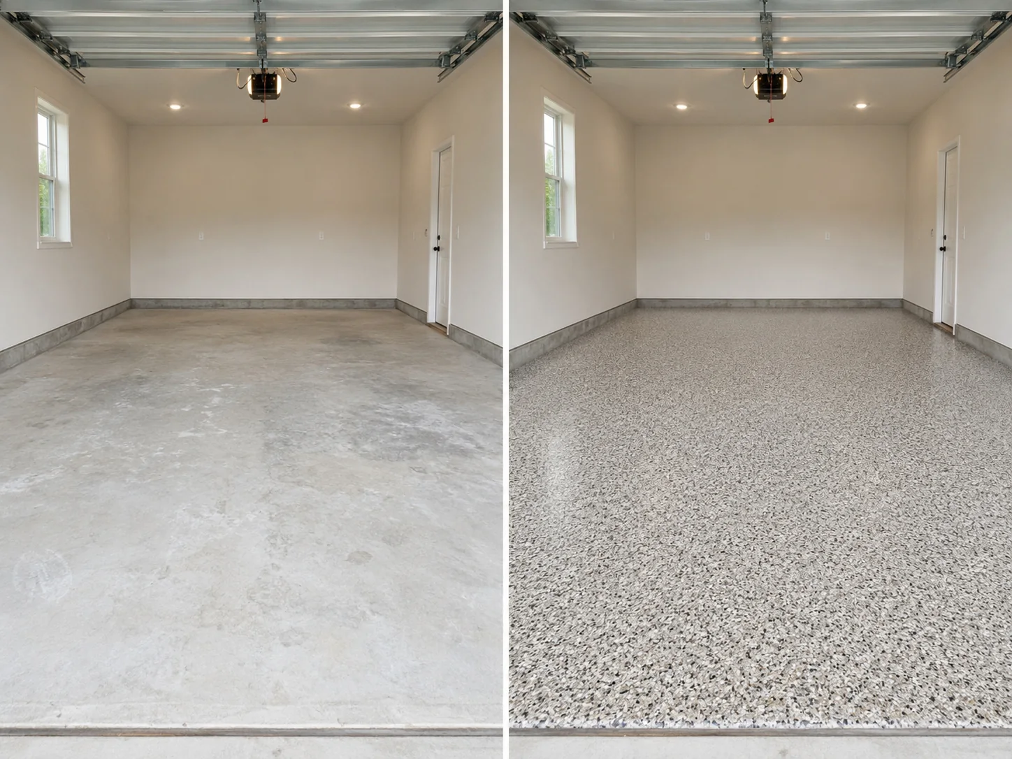 White light gray beige and charcoal flake floor coating in Ely Iowa