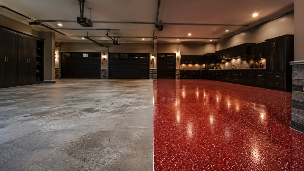 Bold red decorative garage floor coating transformation in Kalona Iowa