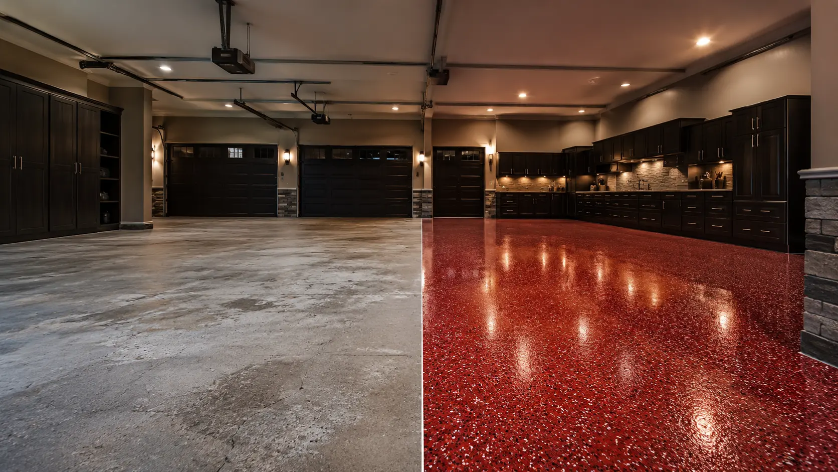 Residential garage floor before and after a deep red decorative coating in Kalona Iowa
