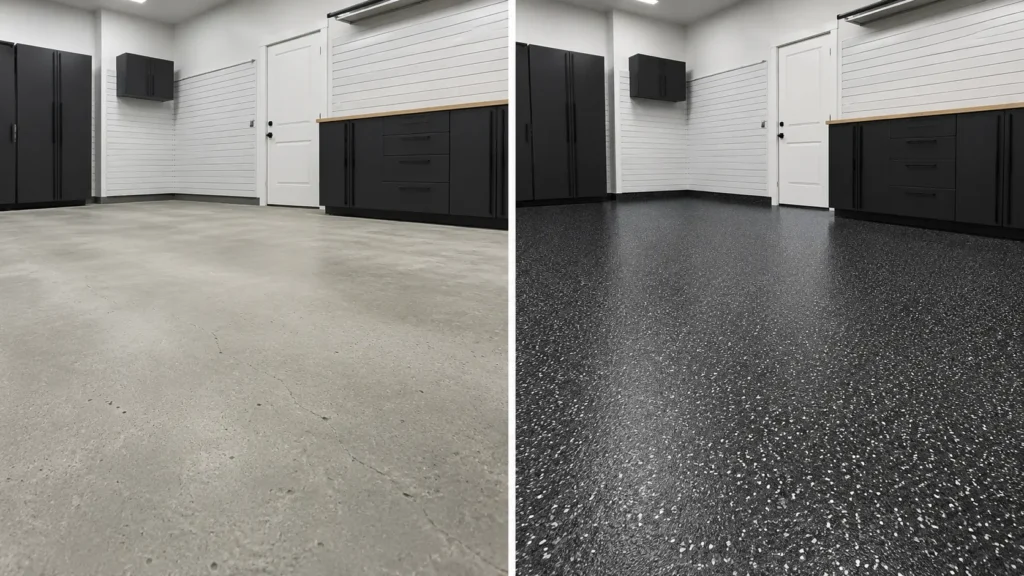 Before and after garage floor epoxy coating in Solon Iowa with a decorative flake finish