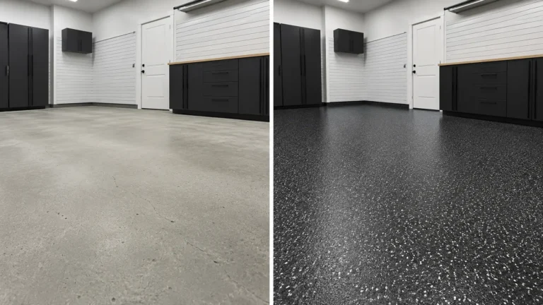 Before and after garage floor epoxy coating in Solon Iowa with a decorative flake finish