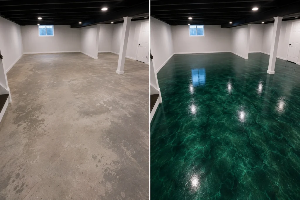 Emerald Metallic Basement Floor Coating Before and After in Epworth, Iowa