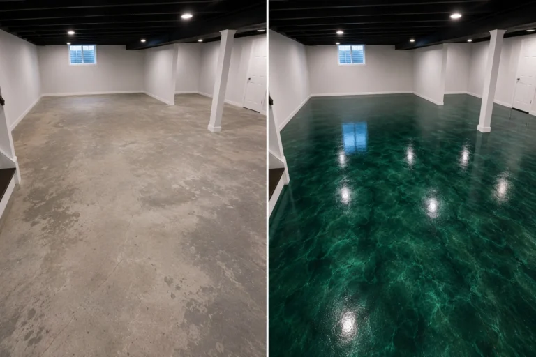 Emerald Metallic Basement Floor Coating Before and After in Epworth, Iowa