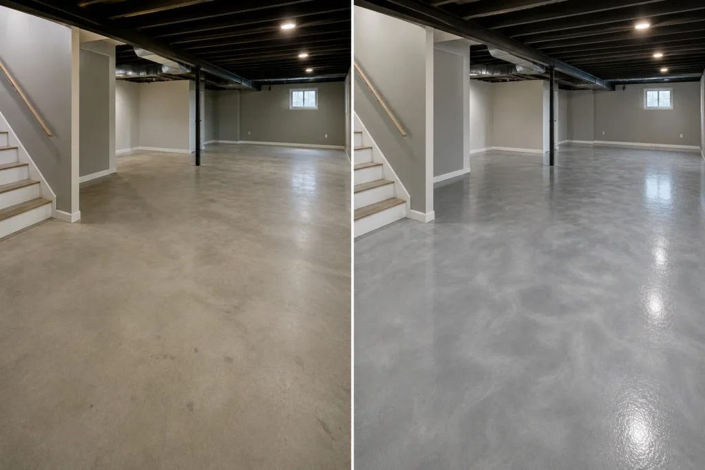 Basement epoxy floor coating with metallic pearl silver finish before and after in Evansdale, IA