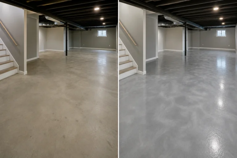 Basement epoxy floor coating with metallic pearl silver finish before and after in Evansdale, IA