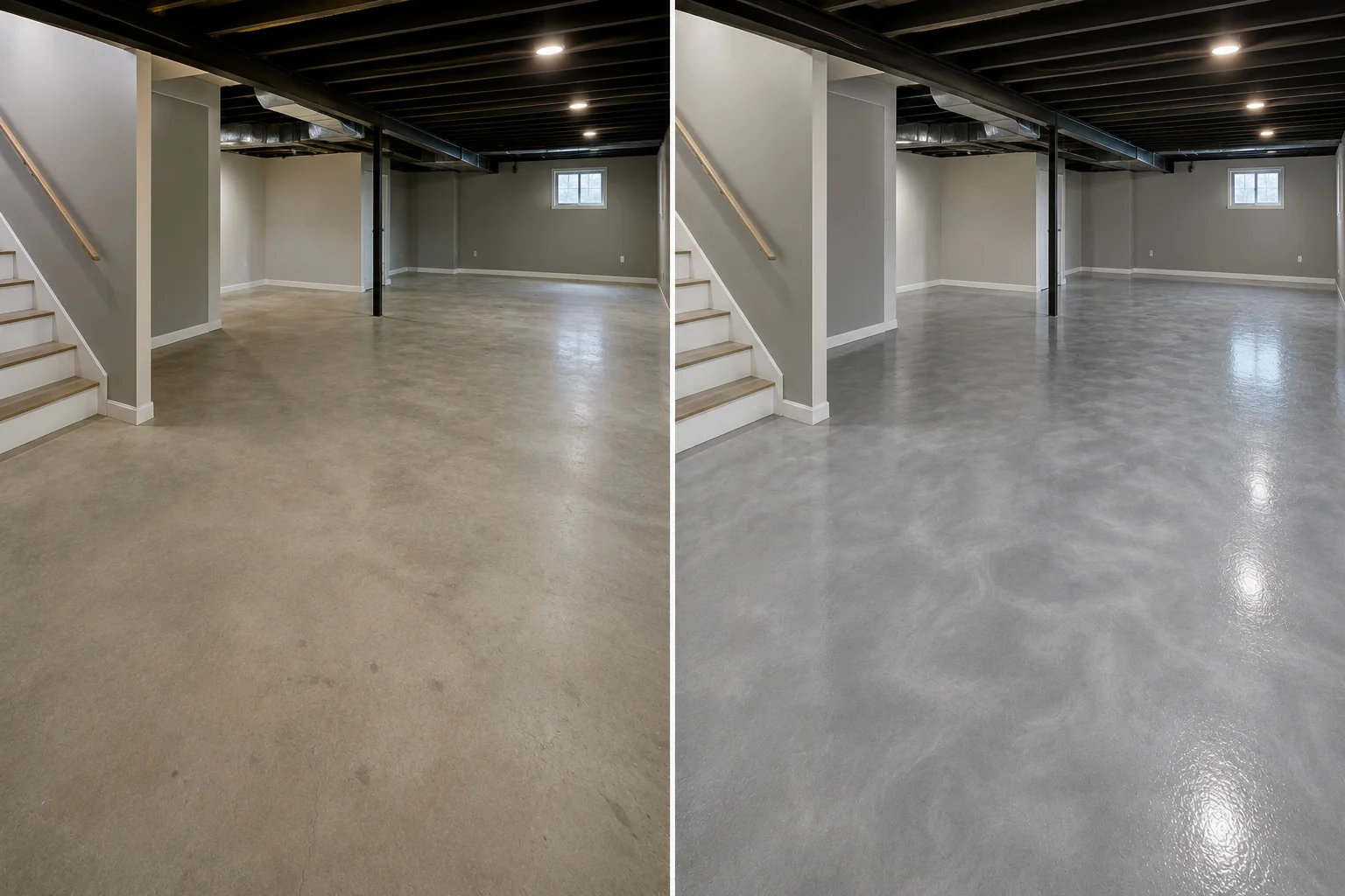 Metallic pearl silver basement epoxy floor coating before and after in Evansdale Iowa