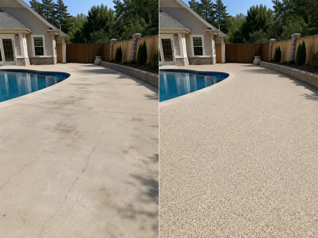 Nearby Evansdale Iowa outdoor concrete coating in beige cream tan and light gray flake
