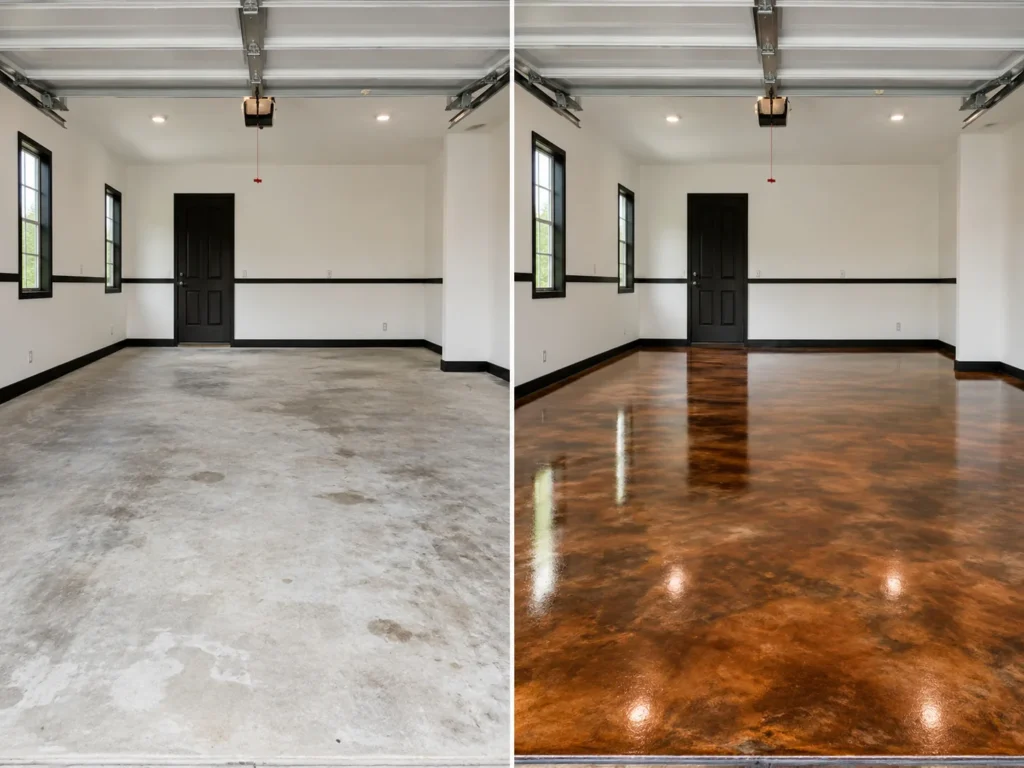 Copper bronze metallic epoxy floor coating example in Evansdale Iowa