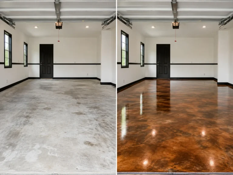 Copper bronze metallic epoxy floor coating example in Evansdale Iowa