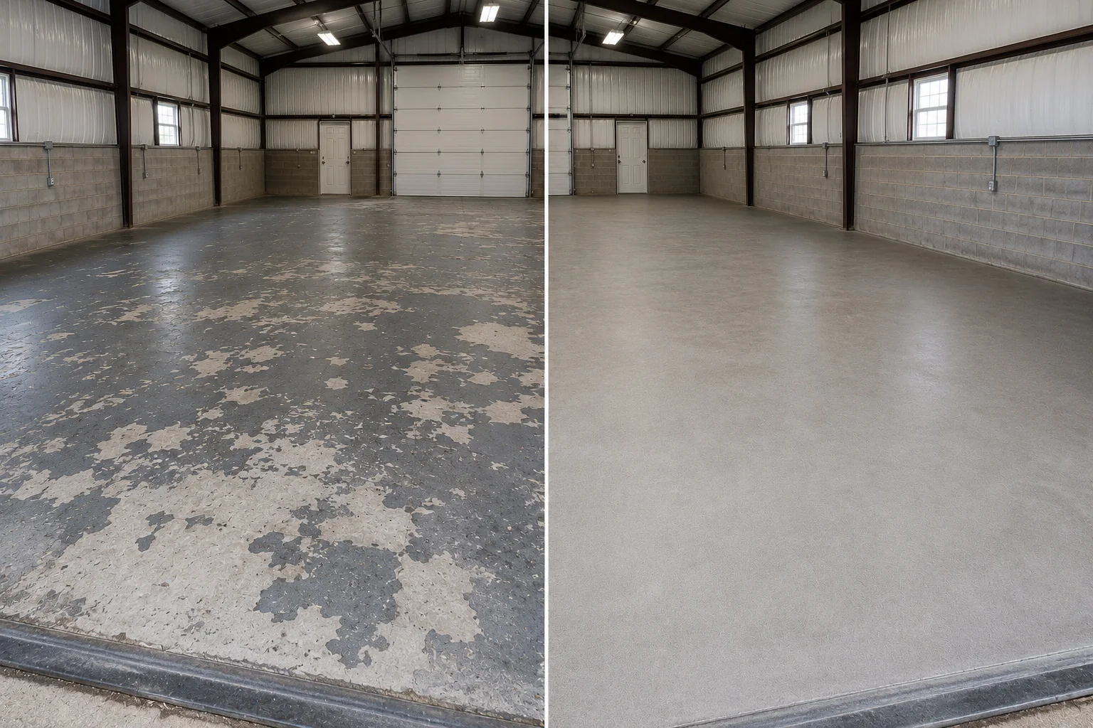 Fairfax Iowa shop before failed epoxy floor removal and after a professional replacement coating