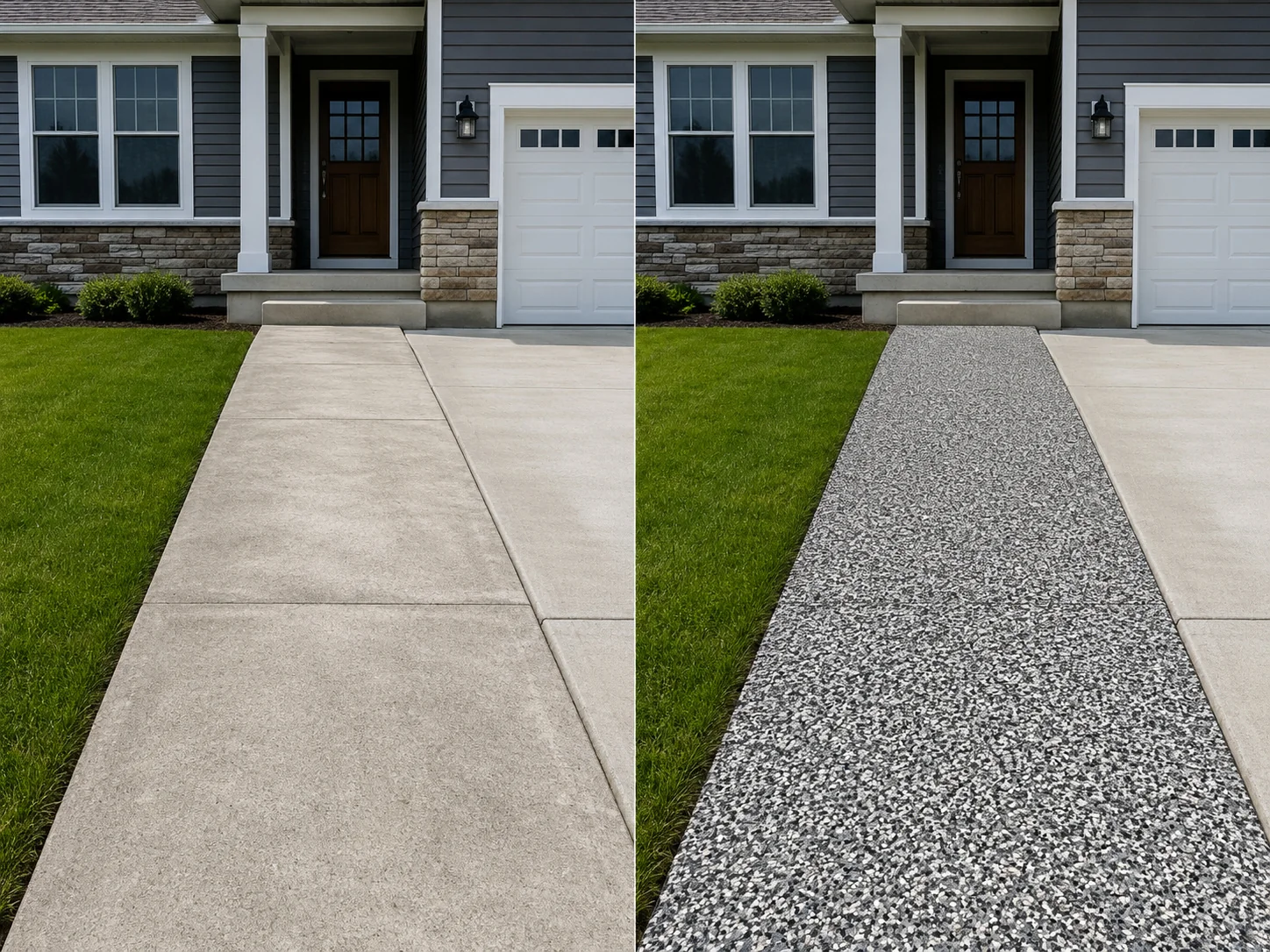 Hiawatha front entry and walkway transformed with a black white gray and charcoal decorative flake coating