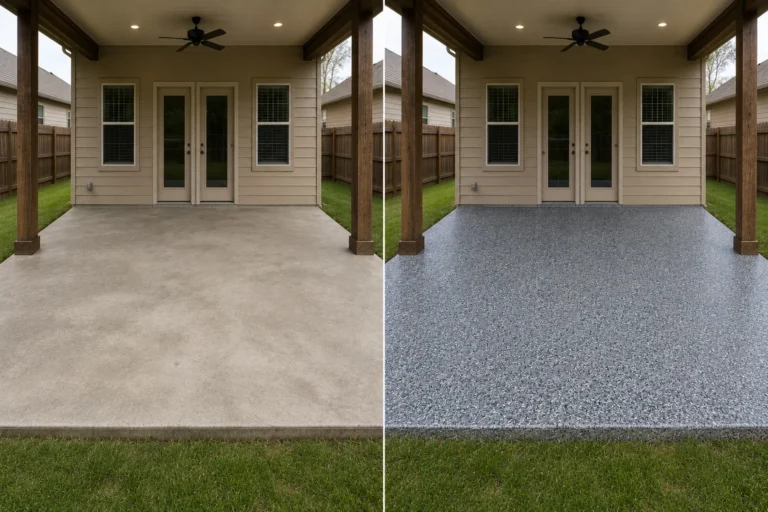 Blue gray white and charcoal flake patio coating before and after in Hiawatha Iowa