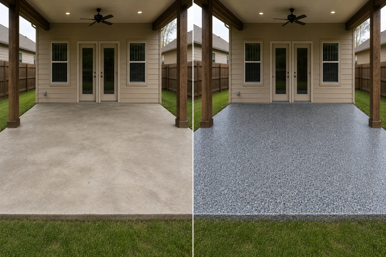 Hiawatha Iowa patio before and after a blue gray white and charcoal decorative flake coating