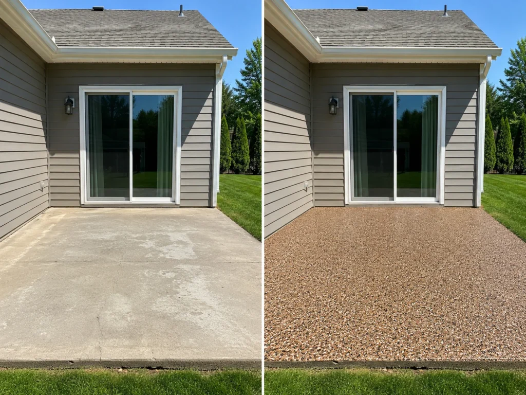 Terracotta brown cream and charcoal decorative flake patio coating in Hiawatha Iowa