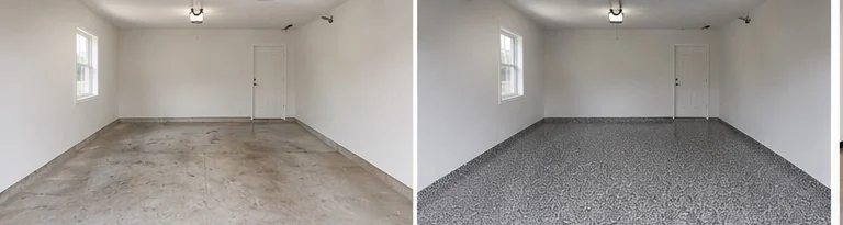 Gray Flake Garage Floor Coating Before and After in Hudson, Iowa