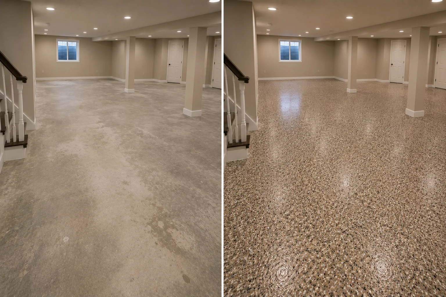 Hudson Iowa rental-property lower level before and after a mocha decorative flake floor coating