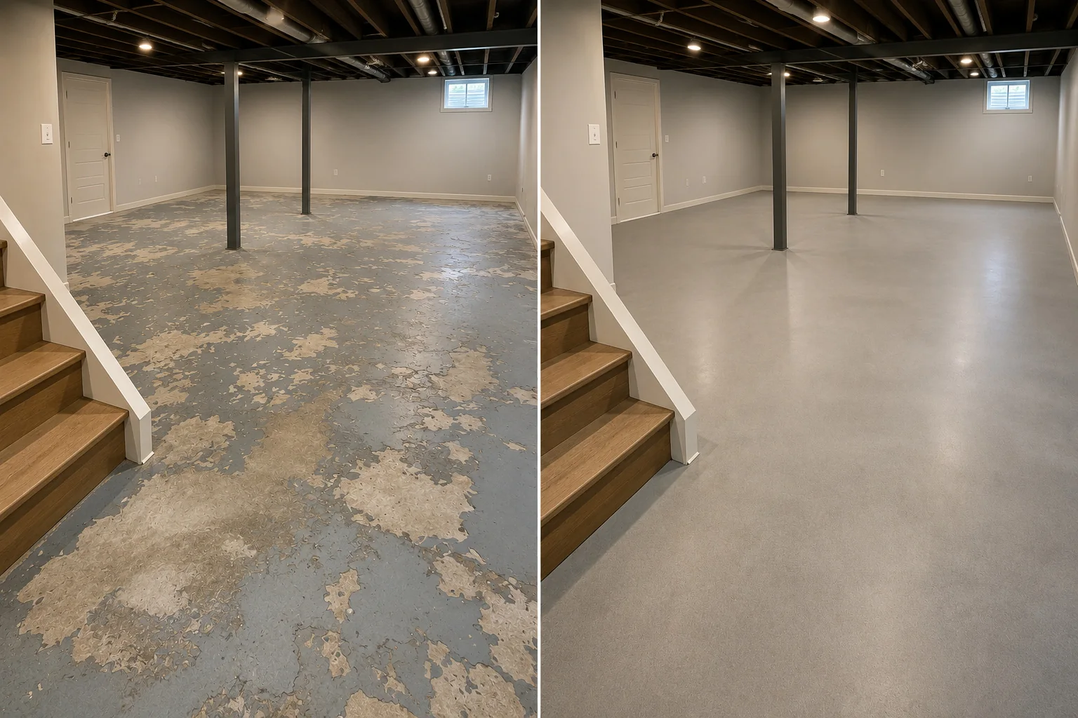 Iowa City basement floor before failed coating removal and after a clean finished floor coating