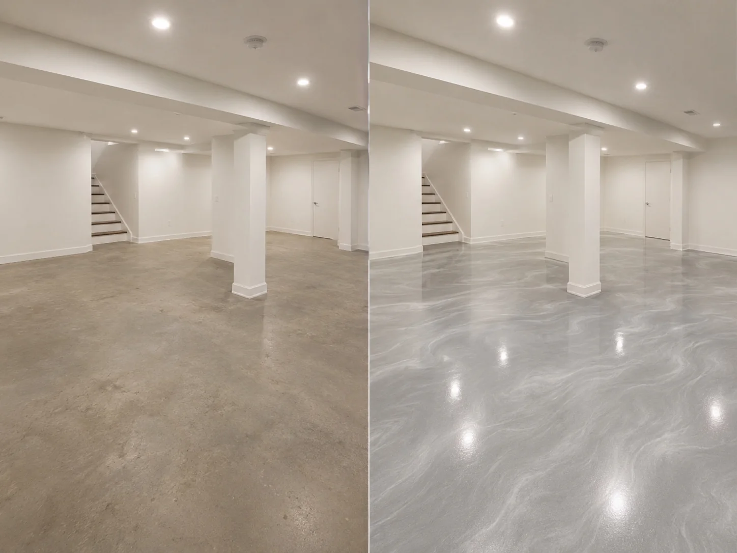 Metallic silver pearl basement epoxy floor coating in Iowa City Iowa