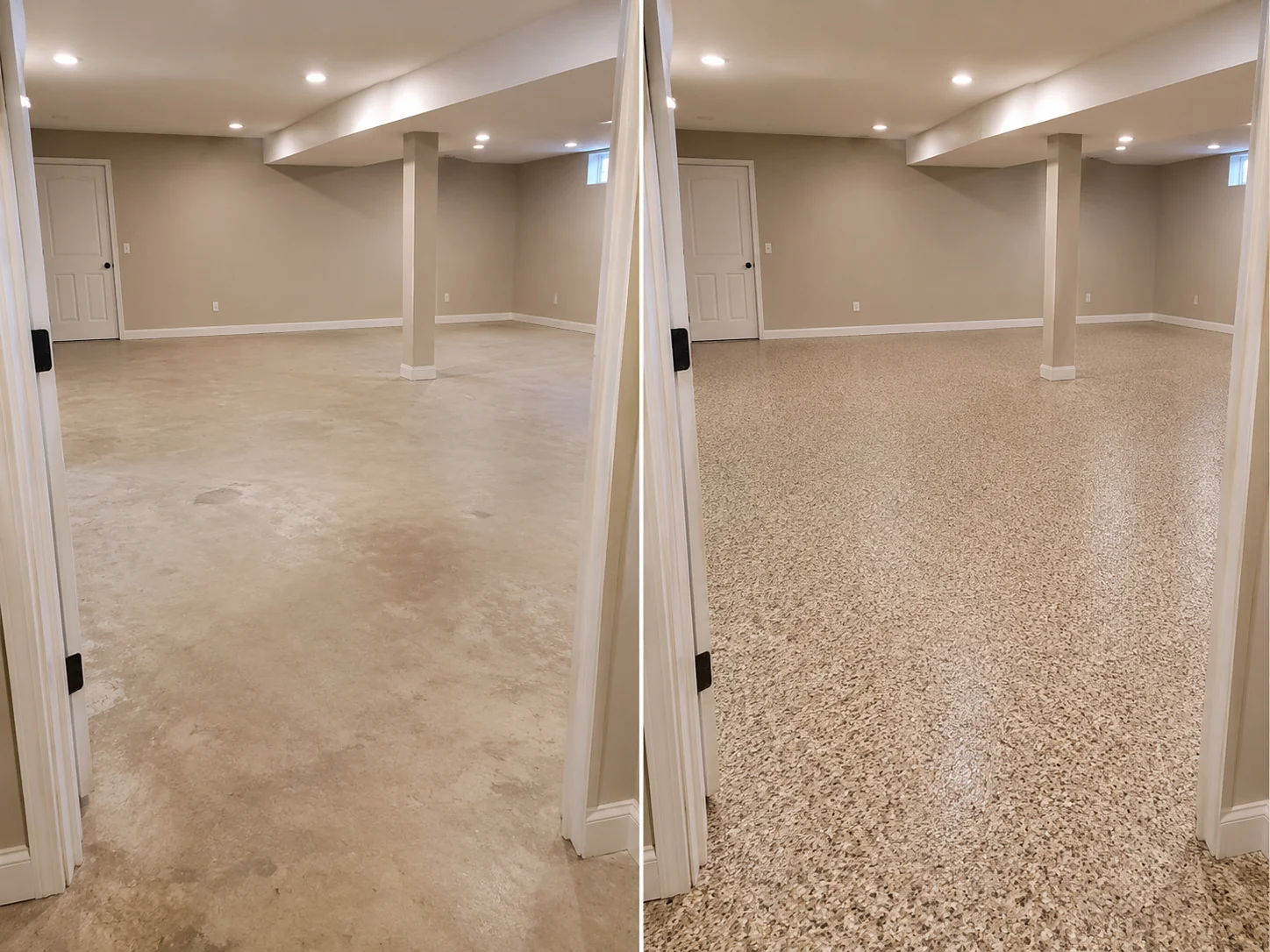 Tan and beige decorative flake basement floor coating in Iowa City Iowa