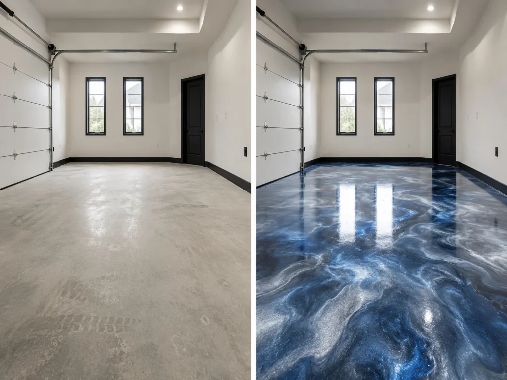 Blue and Silver Metallic Garage Floor Coating Before and After in Iowa City, Iowa