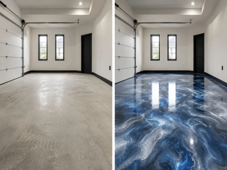 Blue and Silver Metallic Garage Floor Coating Before and After in Iowa City, Iowa