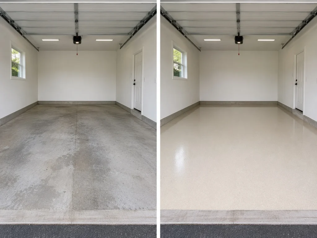 Iowa City garage transformed with a light tan rental-property floor coating