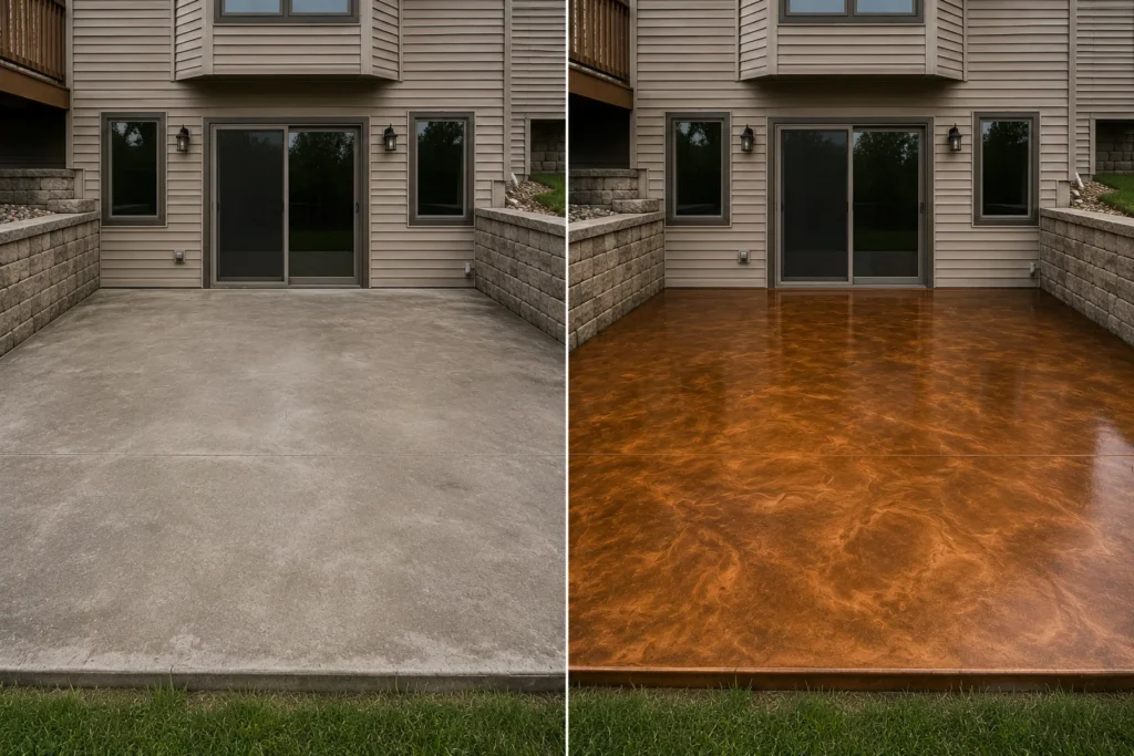Patio concrete coating with metallic copper gold finish before and after in Iowa City, IA