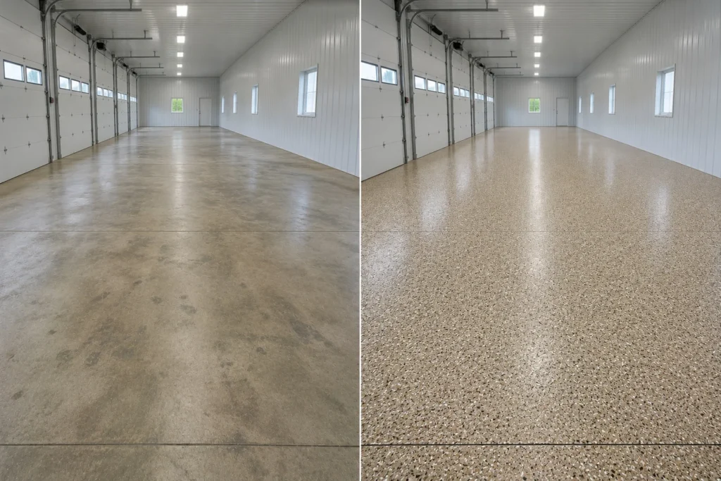 Iowa City Iowa large building floor finished with tan beige cream and brown decorative flake