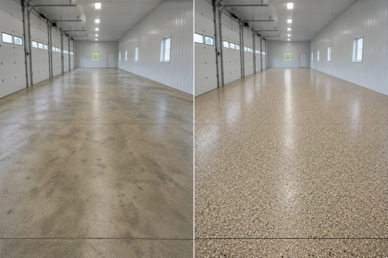 Tan beige cream and brown decorative flake shop floor in Iowa City Iowa