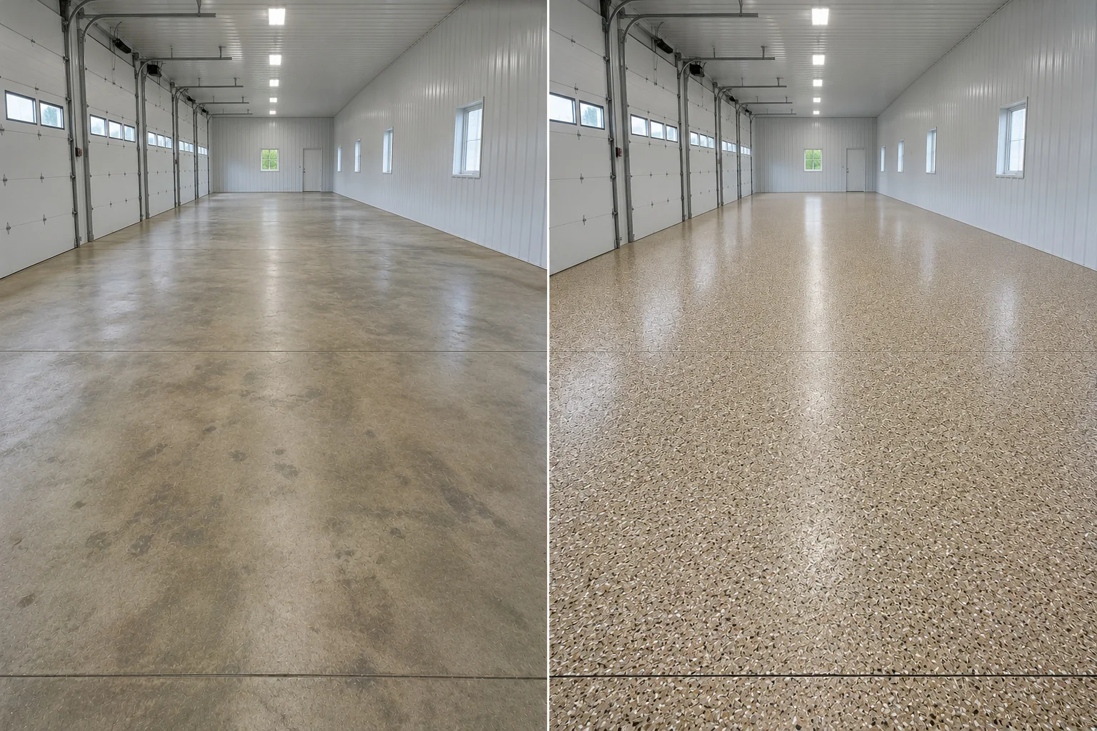 Large Eastern Iowa building floor finished with a warm tan beige cream and brown decorative flake coating