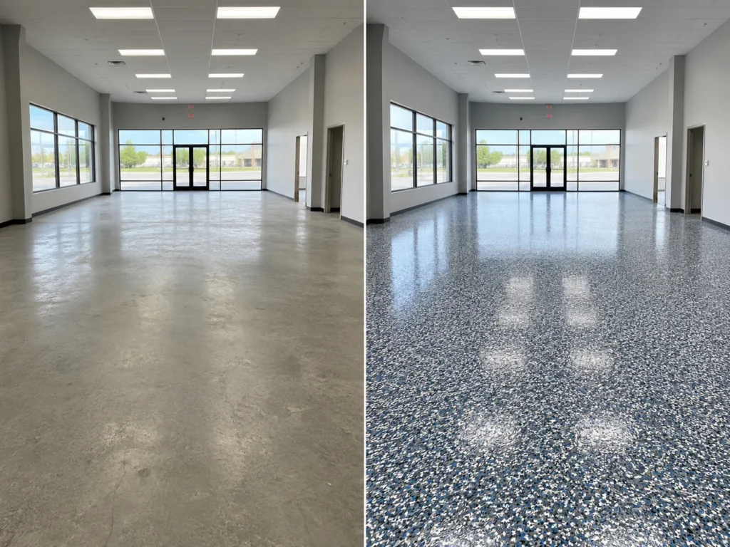 Blue white gray and silver decorative flake showroom floor in Iowa City Iowa