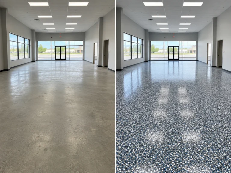 Nearby Iowa City showroom with a blue white gray and silver decorative flake epoxy floor coating