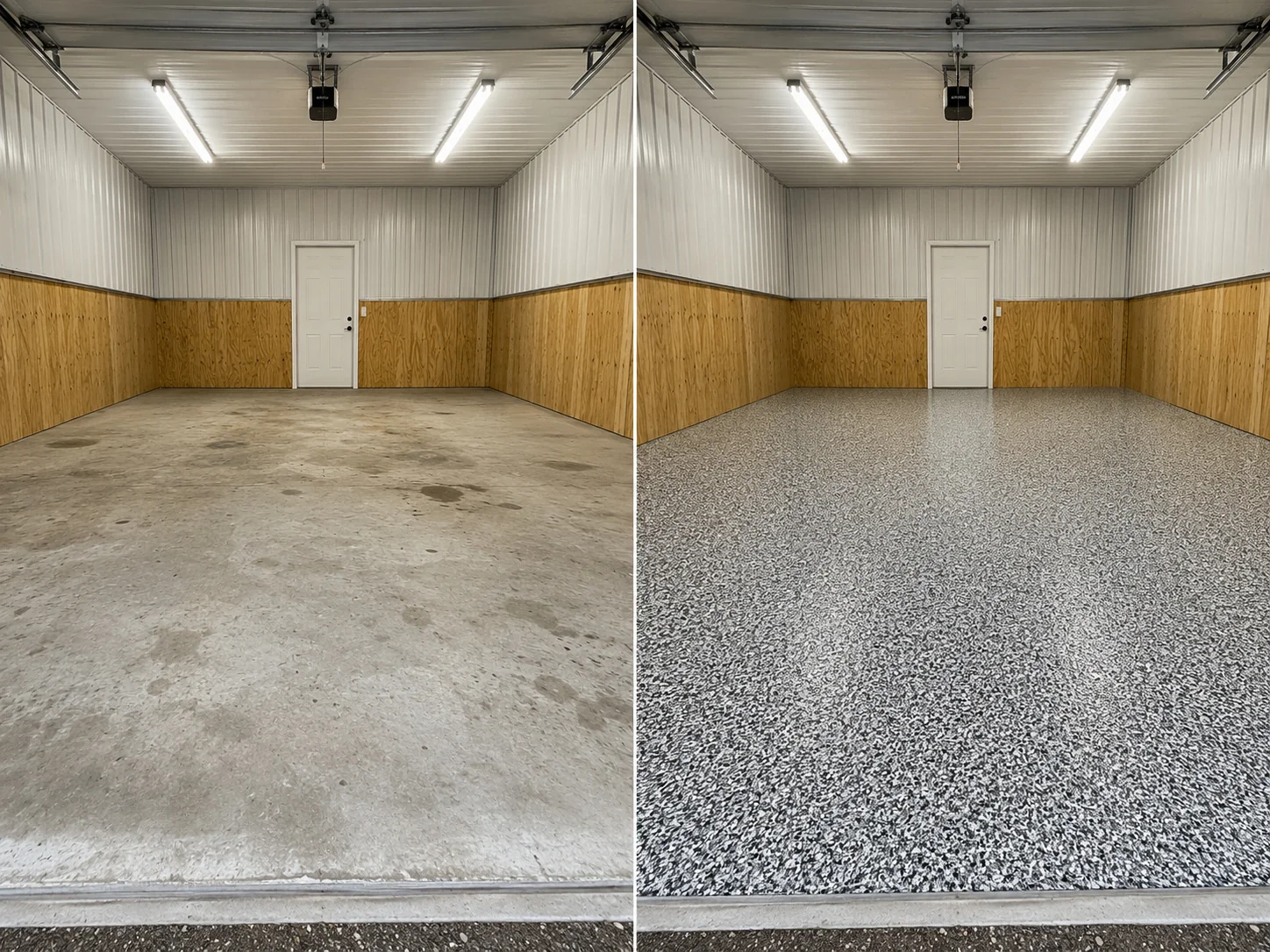 Large Kalona Iowa shop building transformed with a gray black white and silver decorative flake floor coating