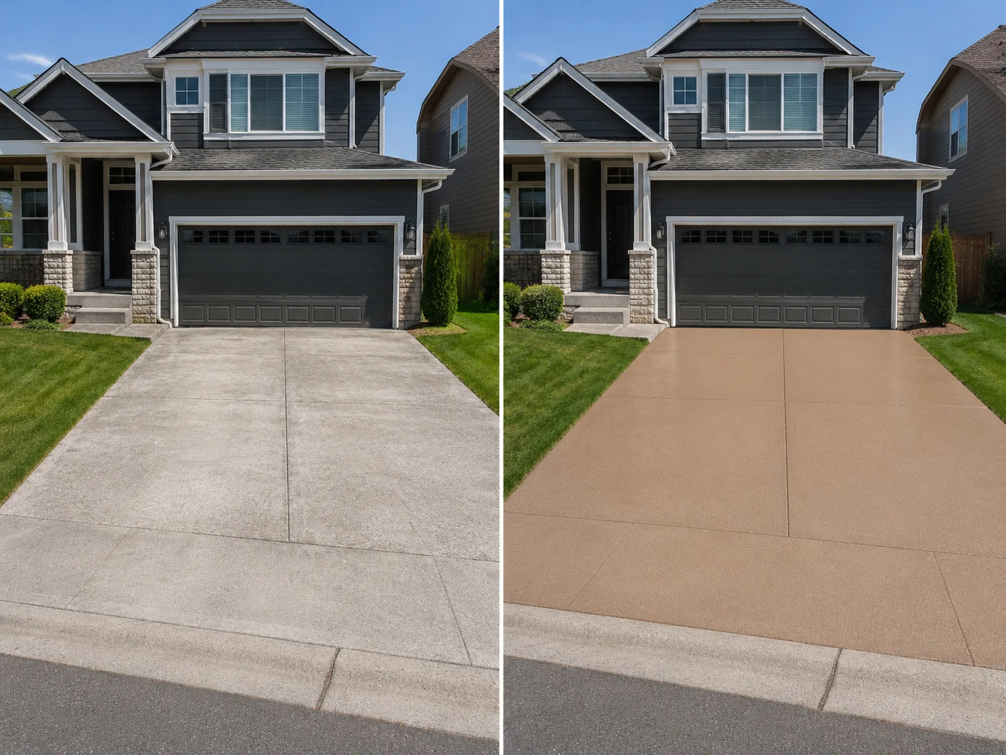 Warm tan driveway coating coordinated with a residential property in La Porte City Iowa