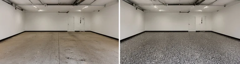 Gray Flake Garage Floor Coating Before and After in Le Claire, Iowa