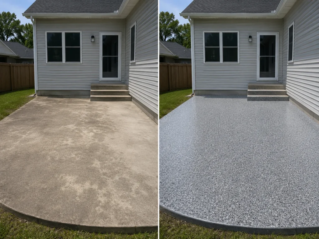 Outdoor patio flake floor coating before and after in Le Claire Iowa